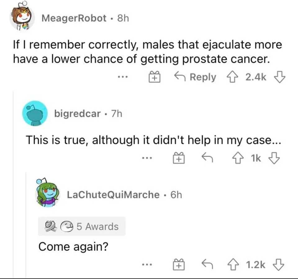 a screenshot of a twee with a caption of a dog saying, ' if i remember correctly, that equatate more have a lower chance of getting prostate cancer or getting prostate cancer?