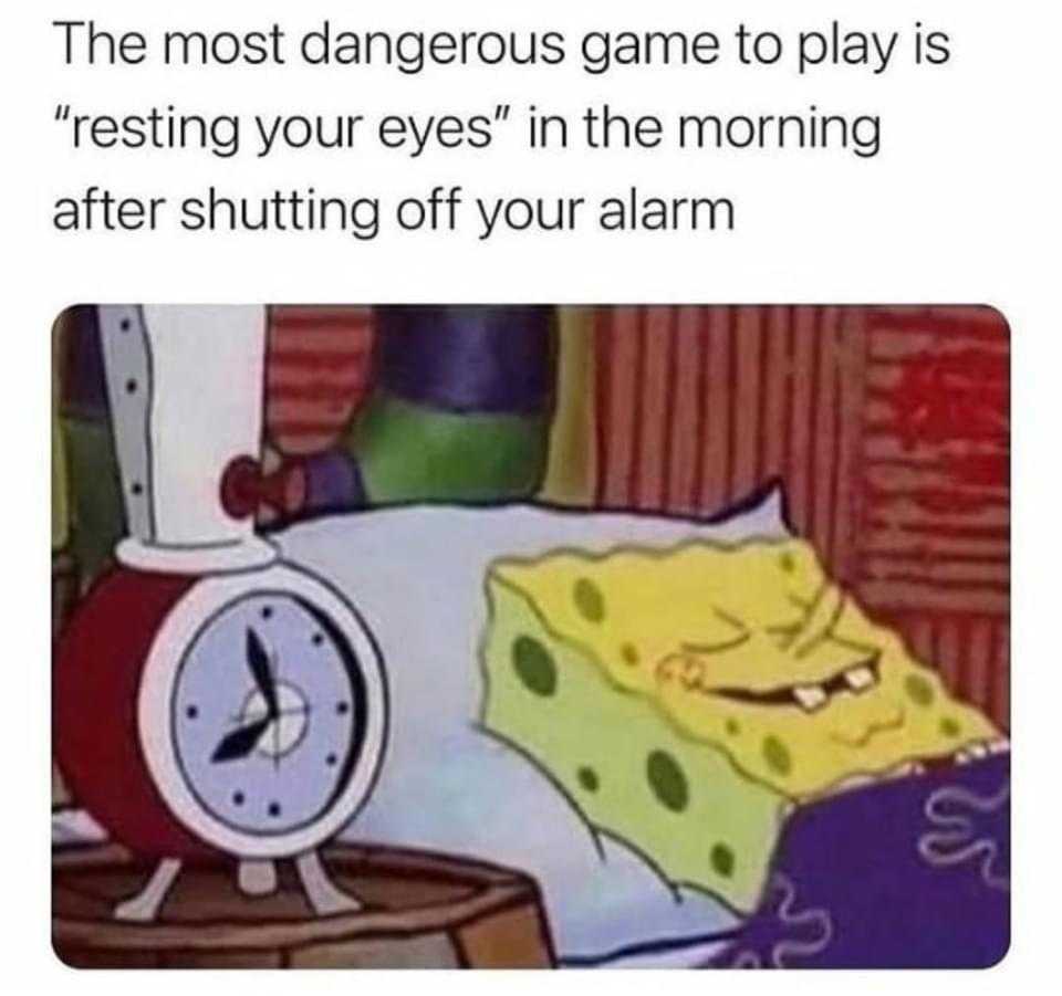 a cartoon spongebob laying in bed with a clock and a pillow