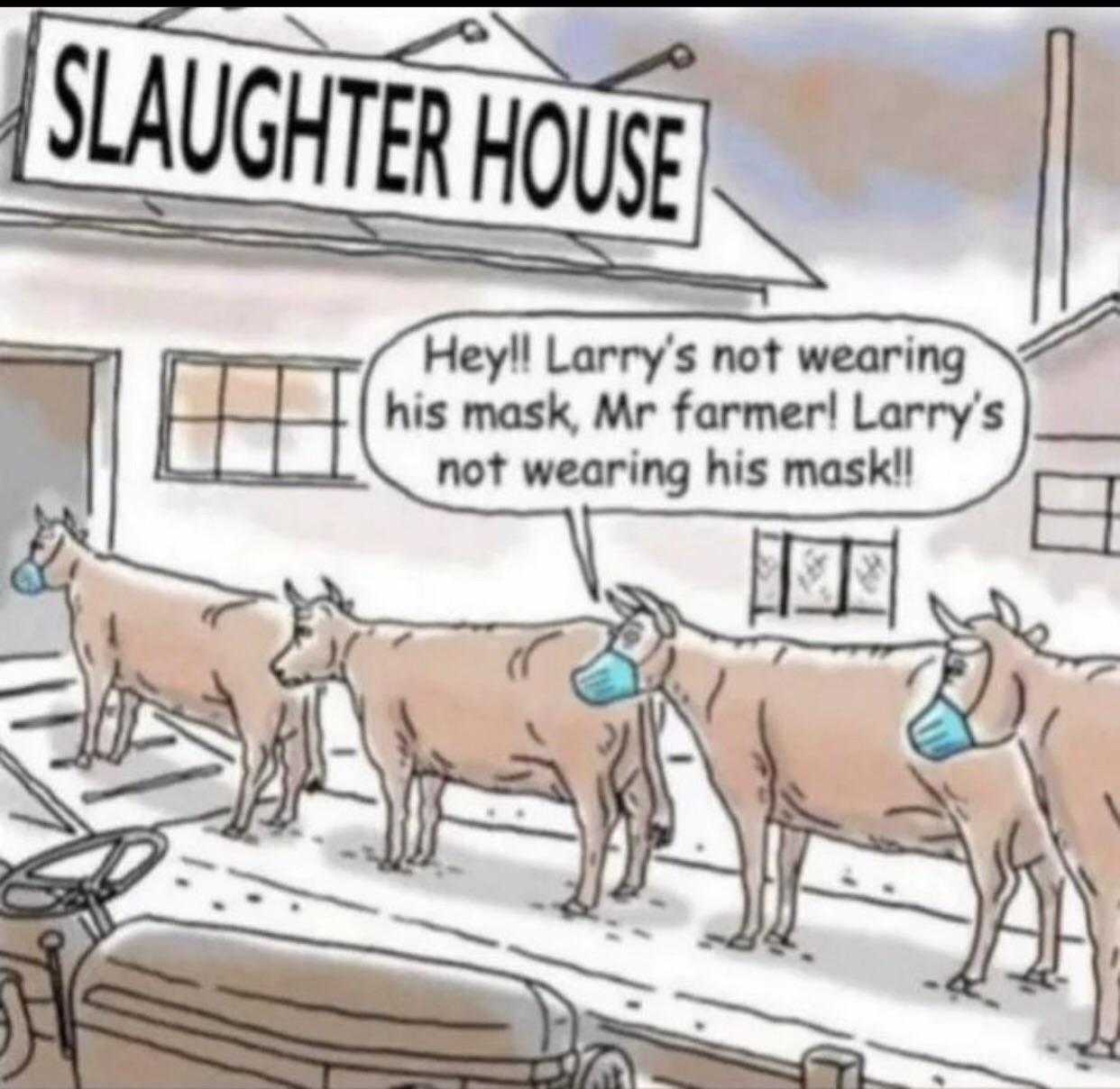 cartoon of a cow with a mask on standing in front of a slaughter house