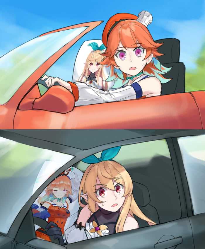 anime girl driving a car with a girl in the passenger seat