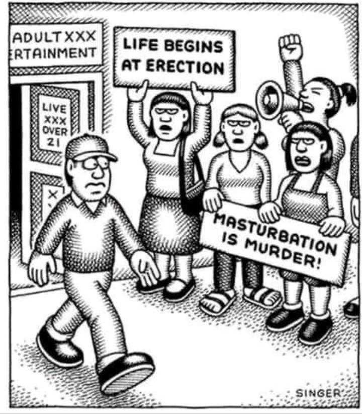 a cartoon of a group of people holding signs that say life begins at erection