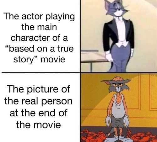 cartoon the actor playing the main character of a based on a true story movie the picture of the real person at the end of the movie