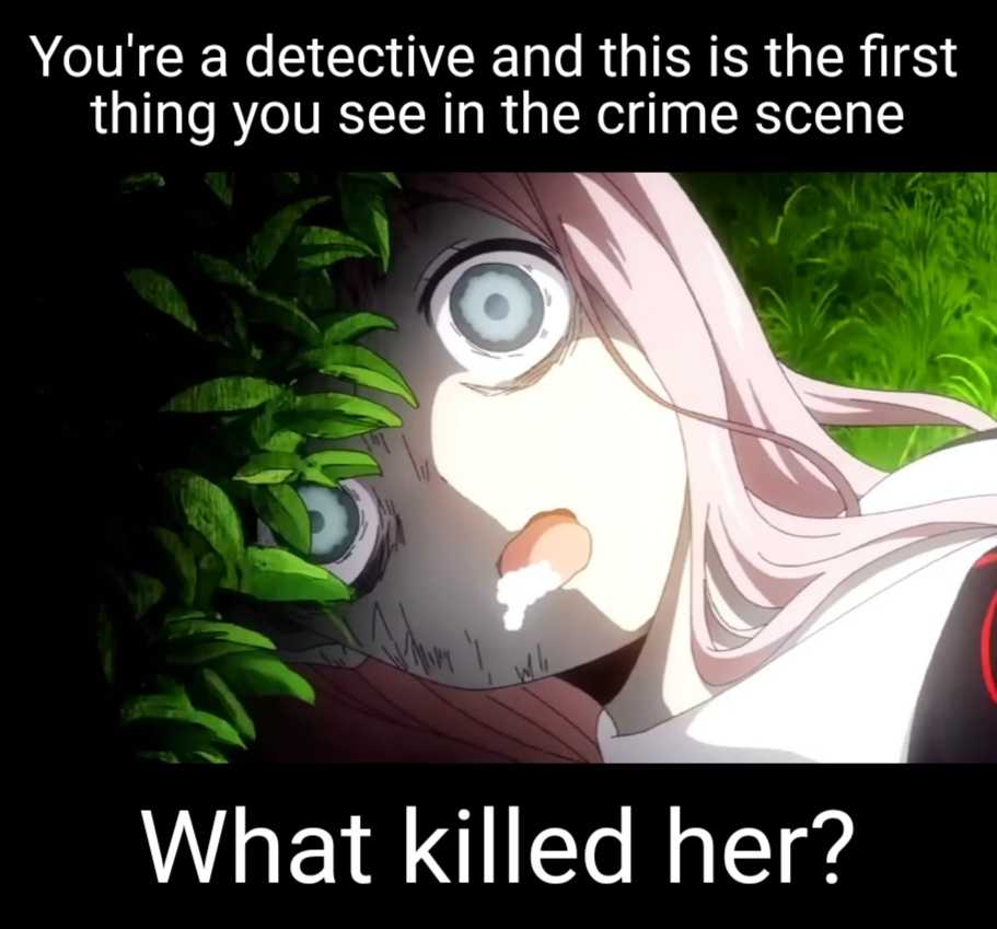 anime scene with a girl staring at a man with a knife