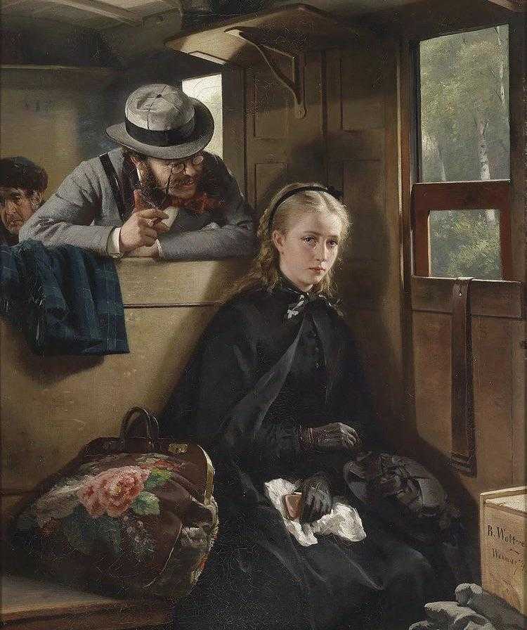 painting of a woman sitting on a train with a man looking out the window