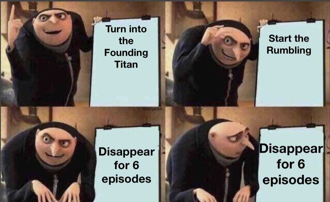 a picture taken from a video of a man in a black hoodie with a sign that says, ' turn into the founding titan disappear for 6 episodes episodees '