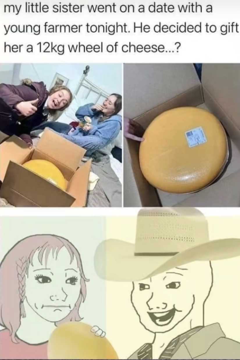 a close up of a box with a cheese on it and a drawing of a woman