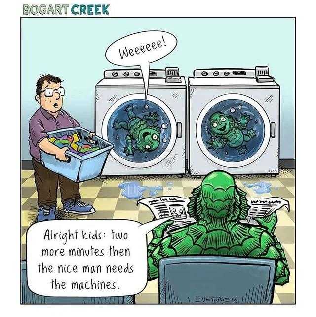 cartoon of a man in a laundry room with a washing machine and a monster