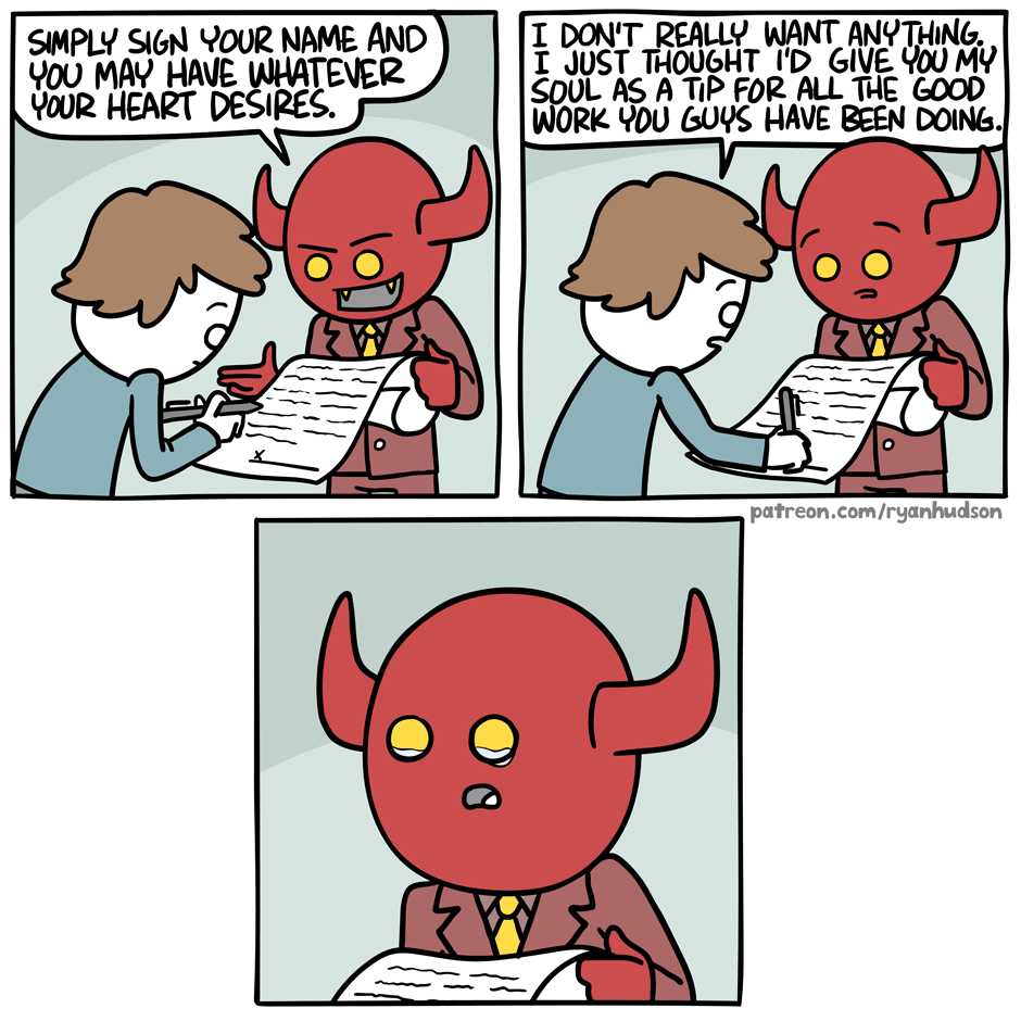 a cartoon of a man in a devil costume is talking to a devil