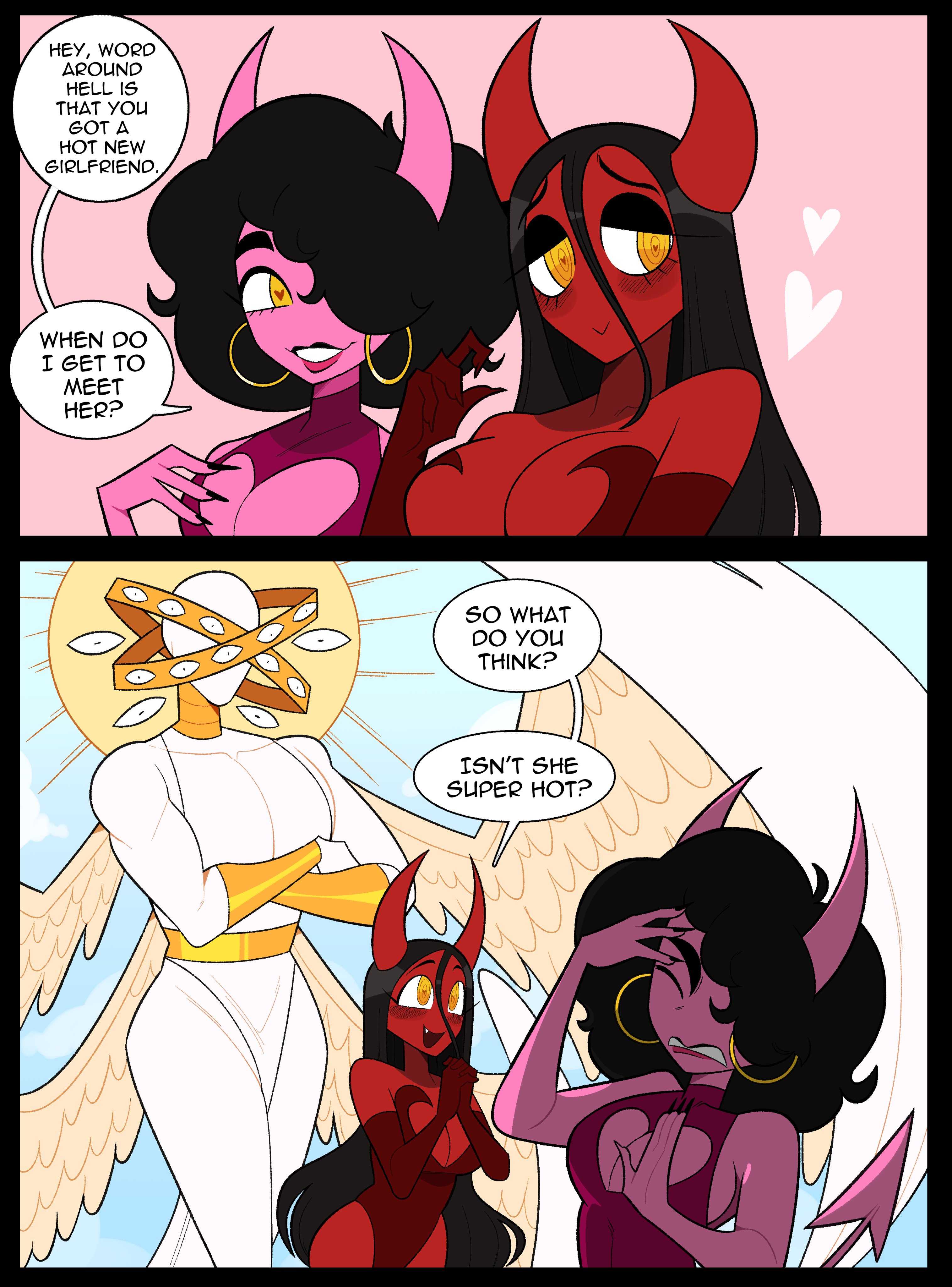 a cartoon comic strip with a picture of two women dressed as devil and devil