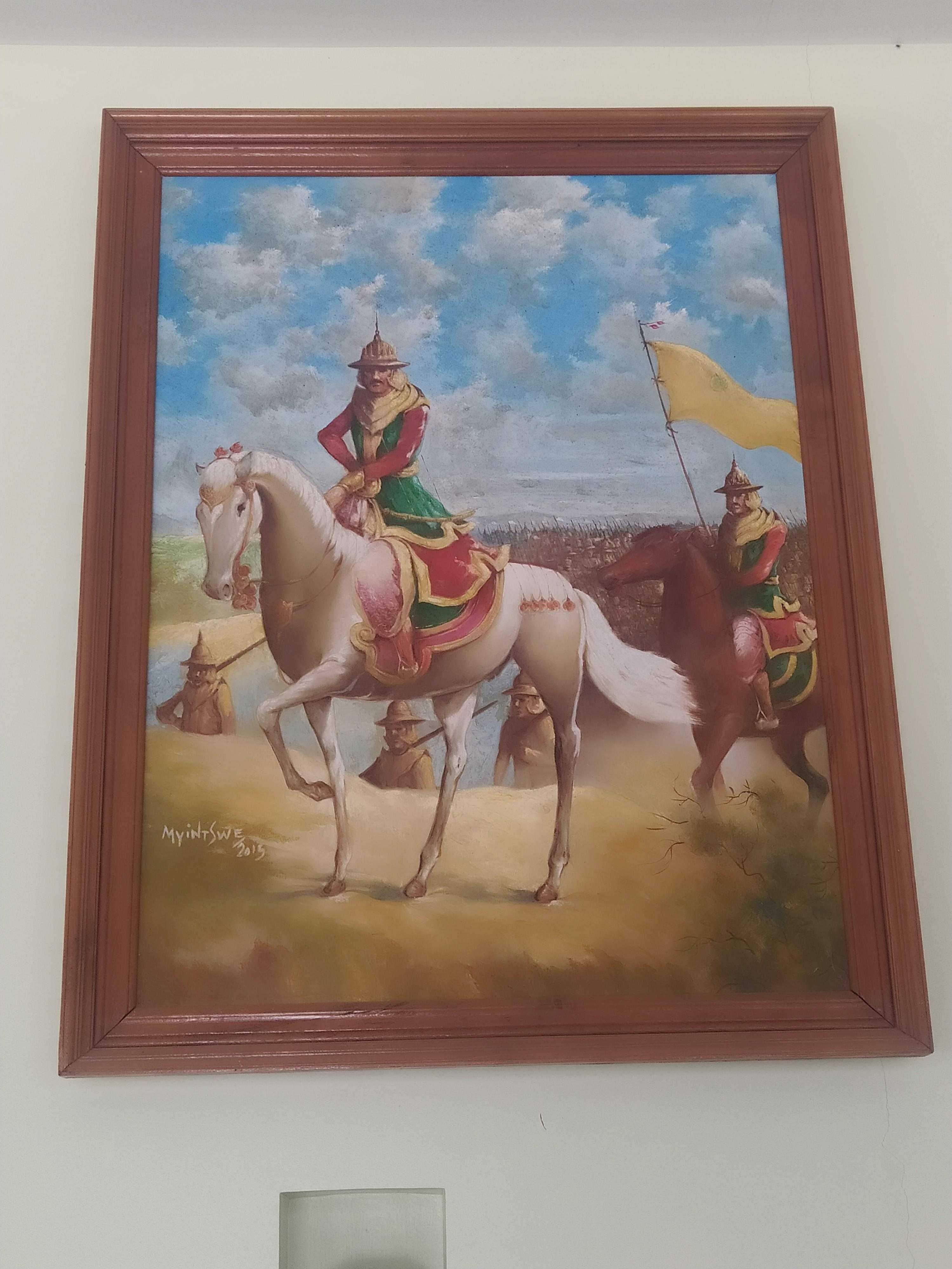 painting of a man riding a horse with a flag on the back