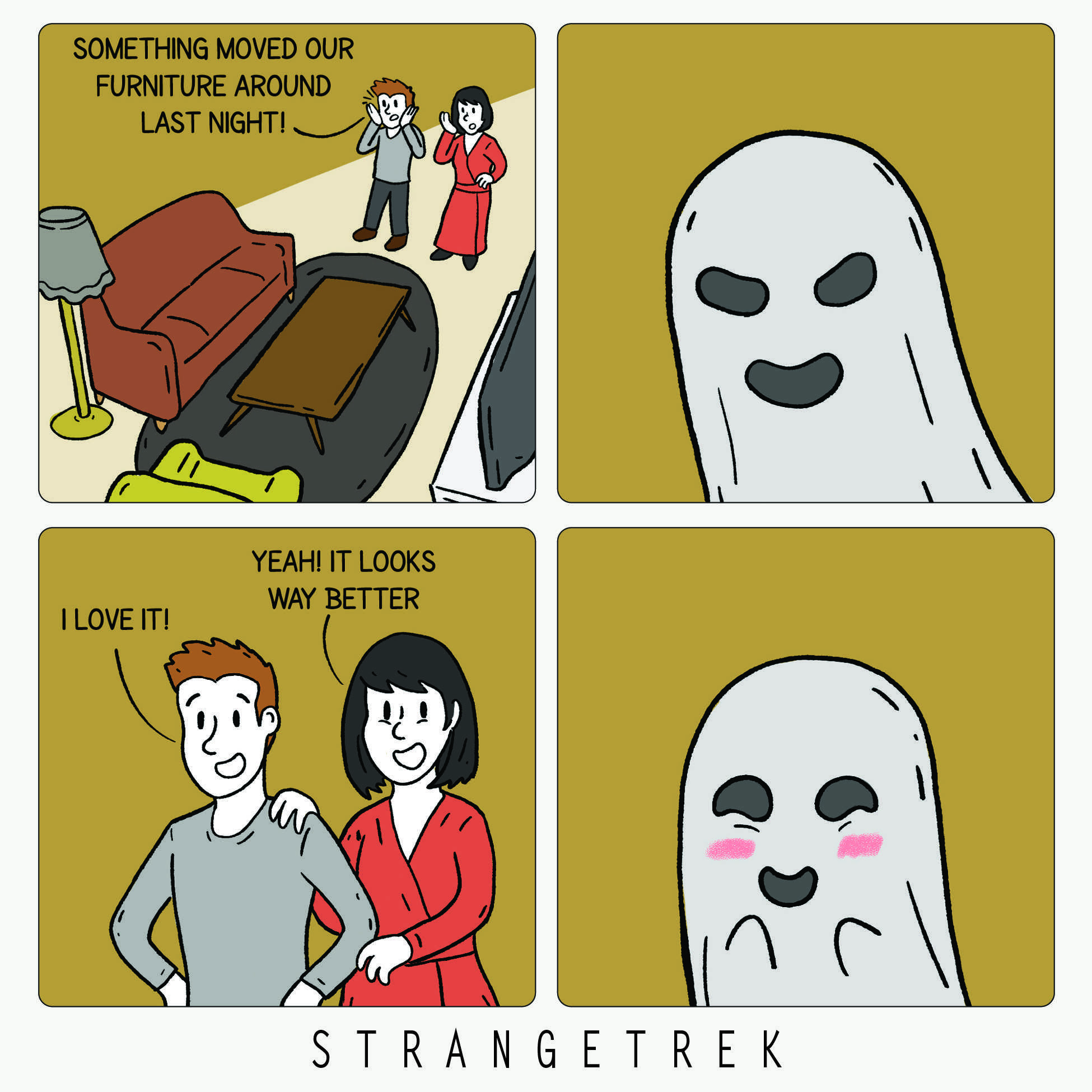 a cartoon of a ghost is talking to a woman about her strange life