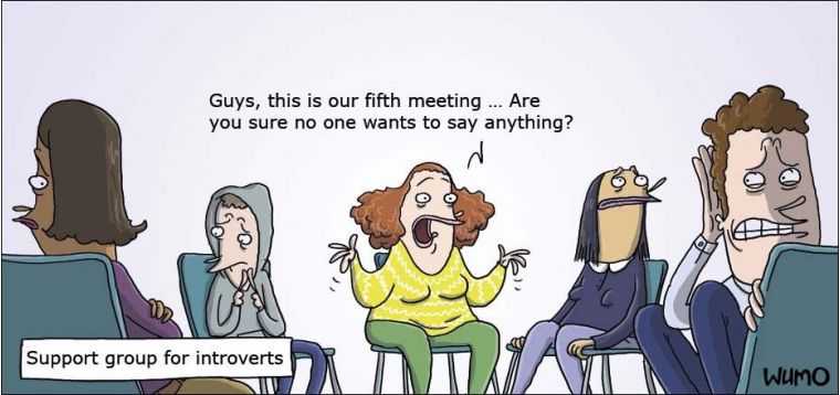 cartoon of a group of people sitting in chairs talking to each other