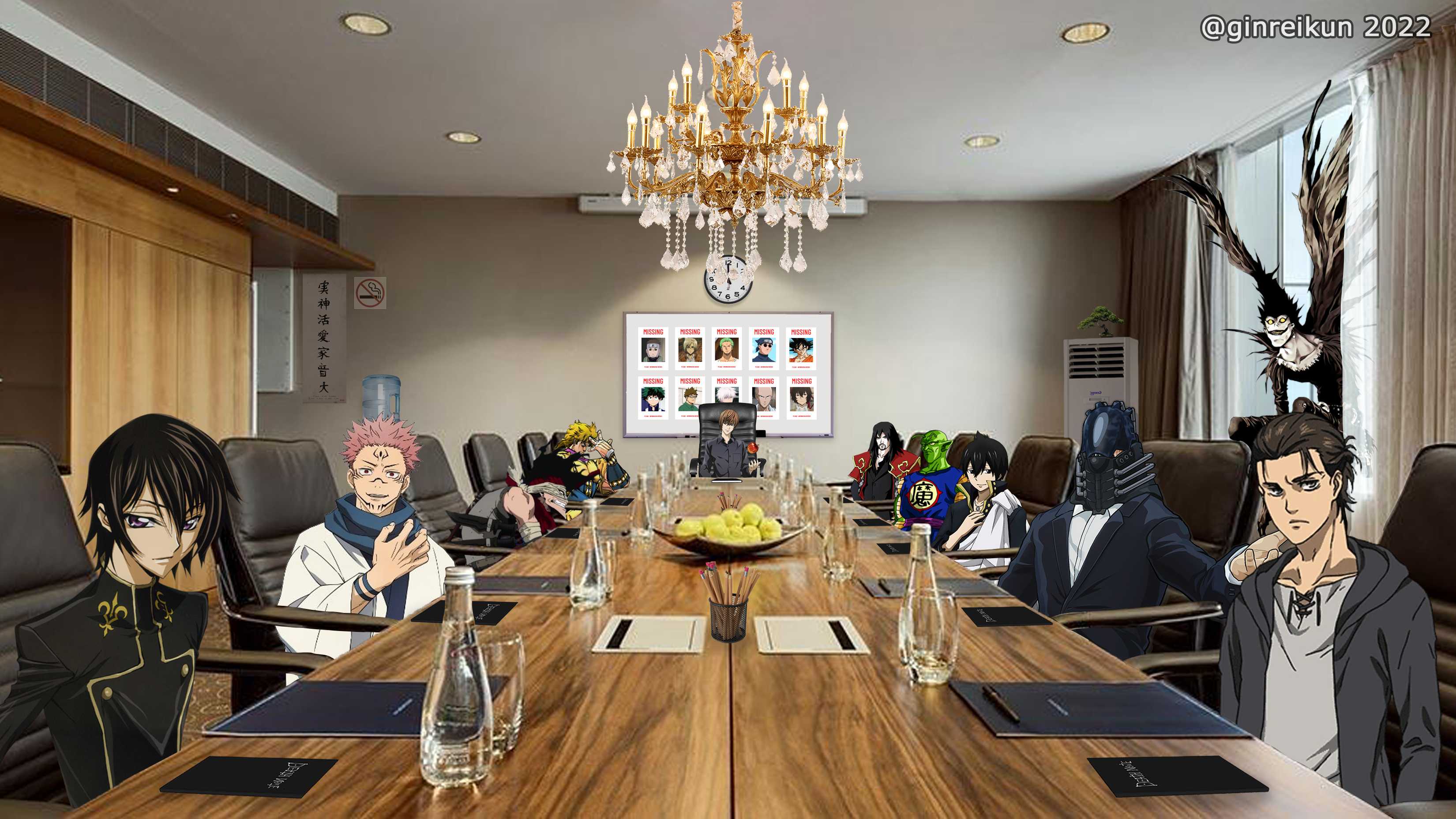 anime characters sitting around a conference table with glasses of water