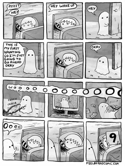 a cartoon of a comic strip with a ghost and a cat