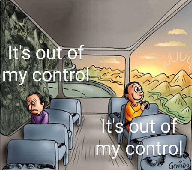 cartoon of a bus with two people sitting in it and the words it ' s out of my control