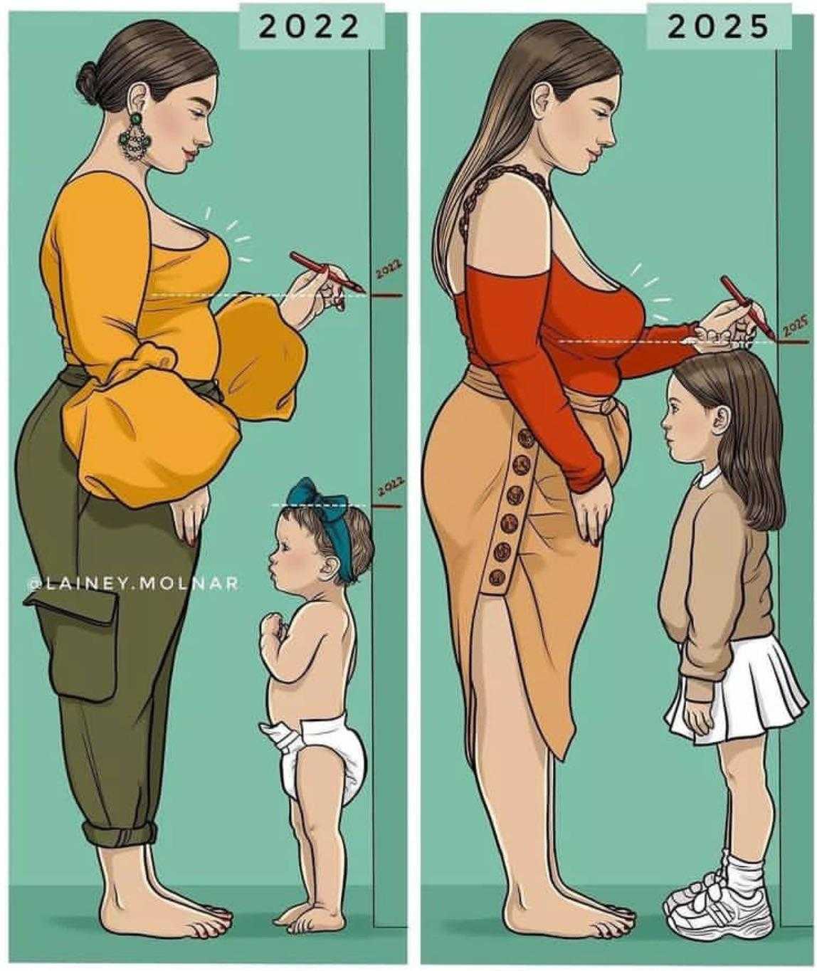 a cartoon of a woman and a child with a baby in a diaper