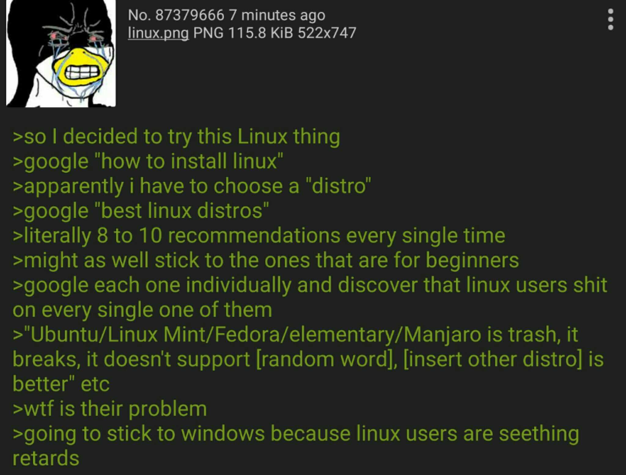 there is a text message that reads, ' i decided to try this linux thing '