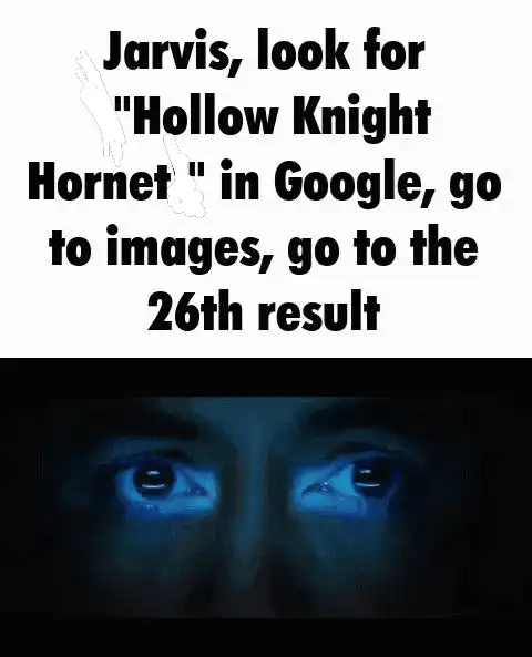 a close up of a person with a blue eye and a text that reads jarvis look for hollow knight hornet