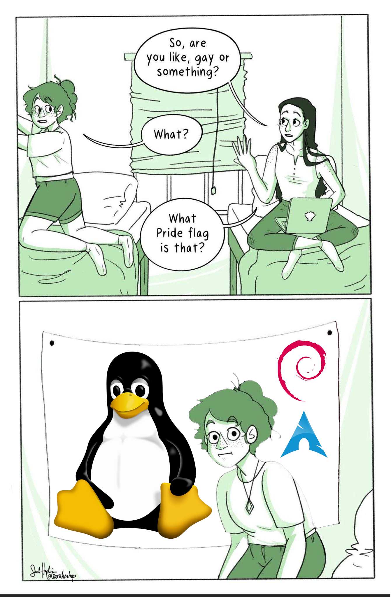 a cartoon of a penguin and a girl sitting on a bed