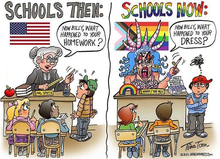 cartoon of a teacher and a child at a desk with a rainbow