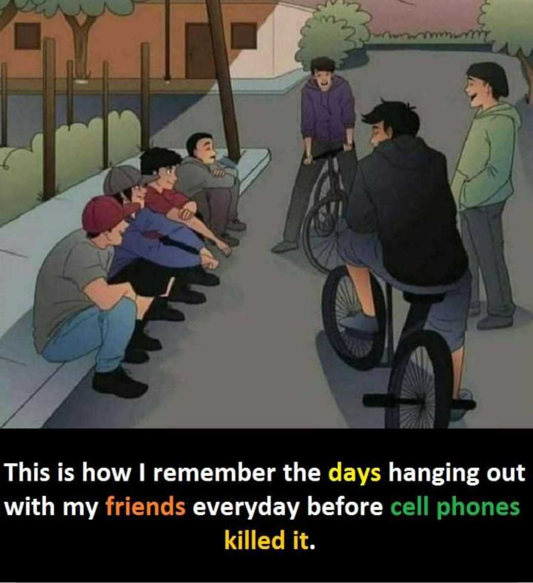 cartoon of a group of people sitting on a sidewalk with a bicycle