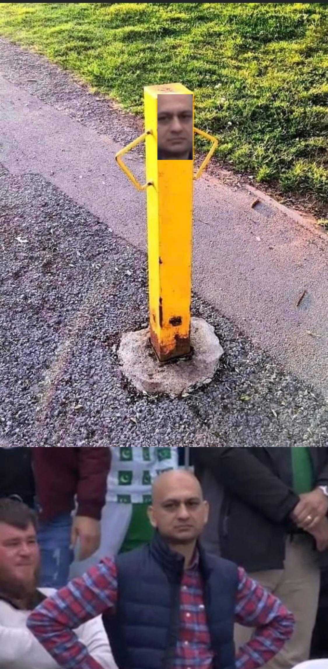 there are two pictures of a man standing next to a pole