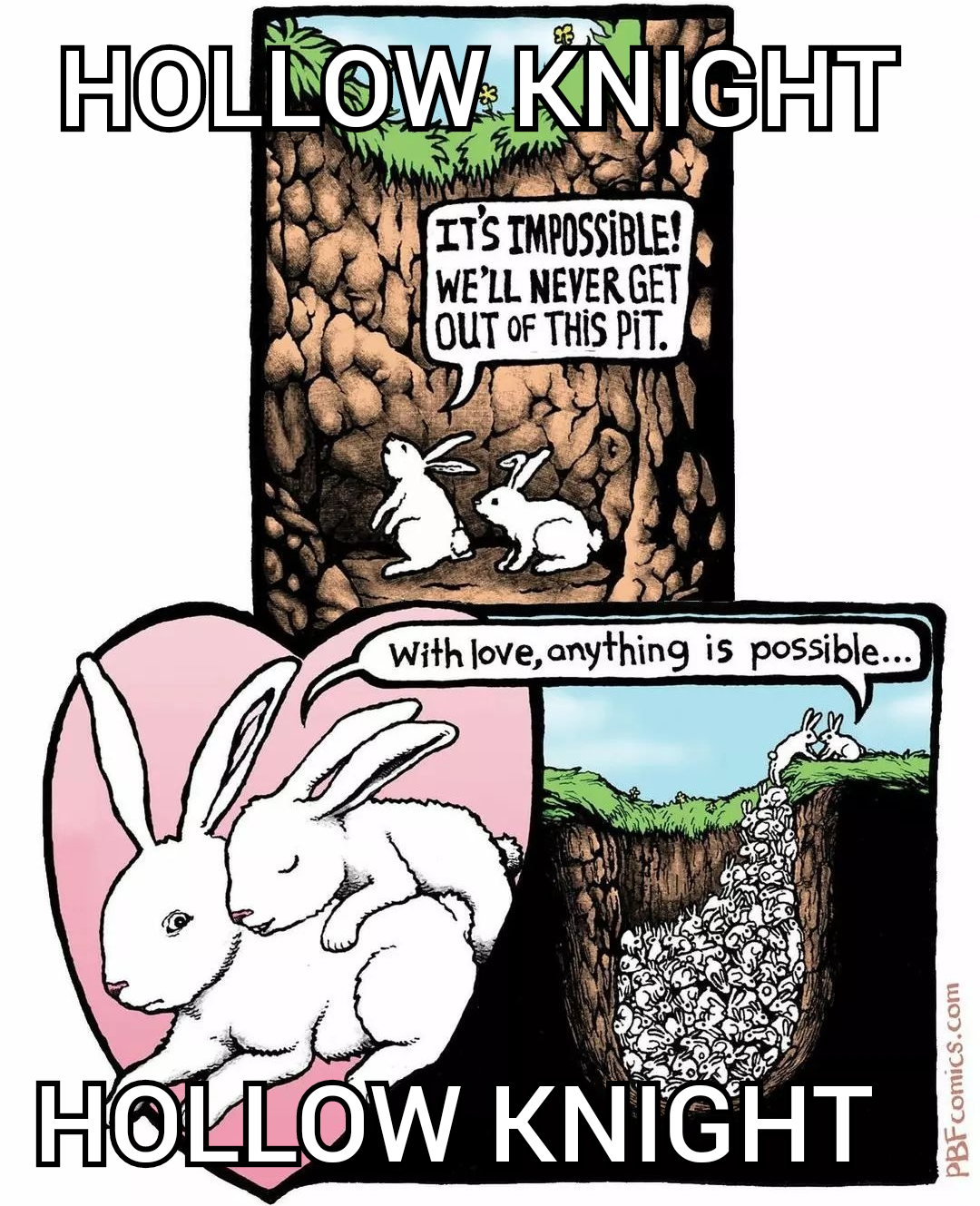 cartoon of a rabbit and a rabbit in a hole with a caption below