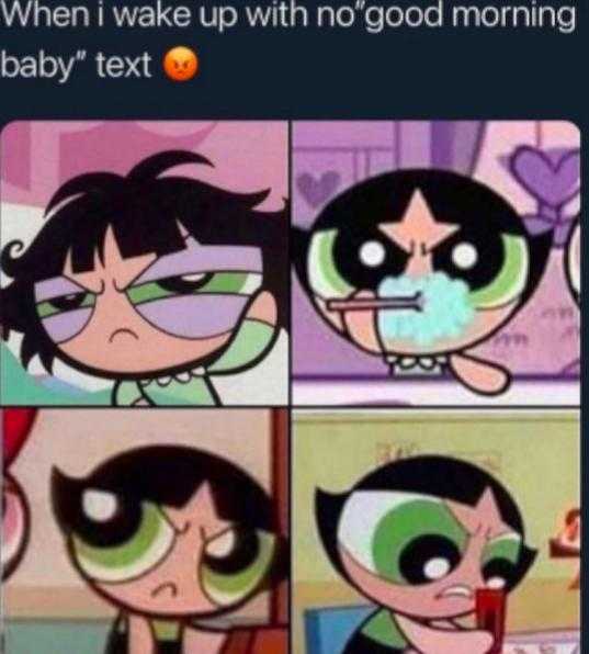 cartoon, memes, and when you wake up with no good morning babytext