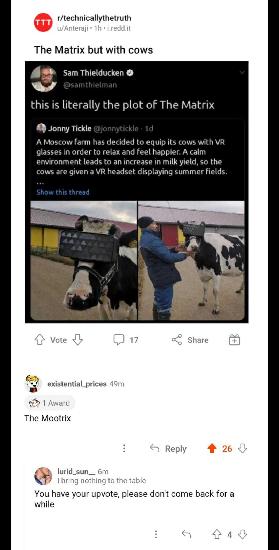 a screenshot of a twitter post with a picture of a man and a cow