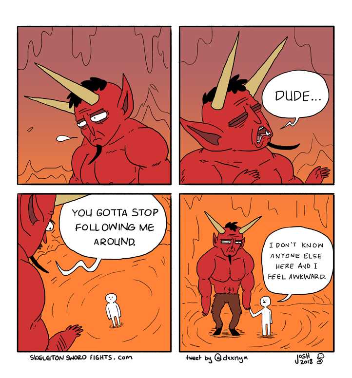 a cartoon of a comic strip with a demon and a man