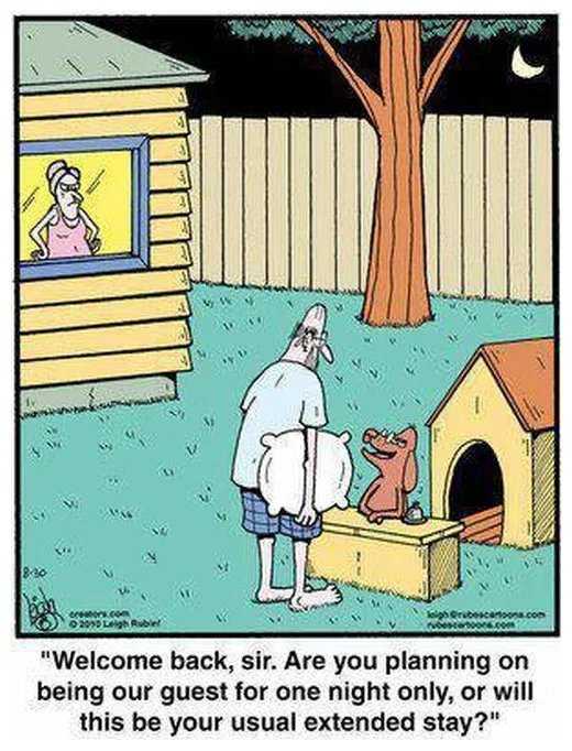 cartoon of a man and a dog in a dog house with a dog in the doghouse