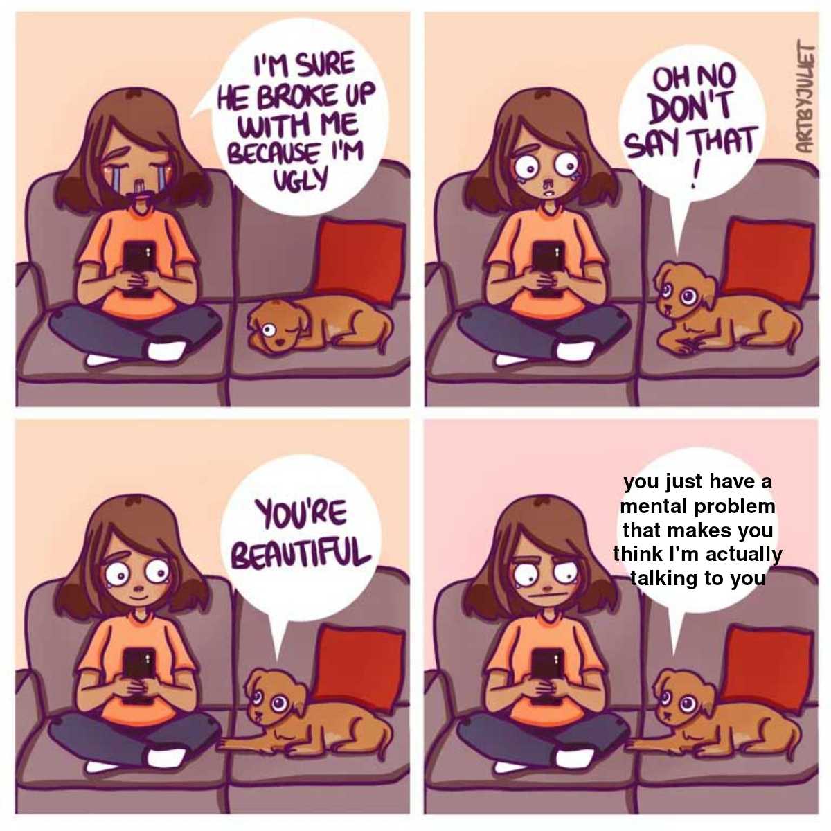 cartoon of a woman sitting on a couch with a dog