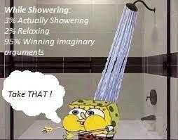 cartoon spongebob in the shower with a bubble bubble saying take that