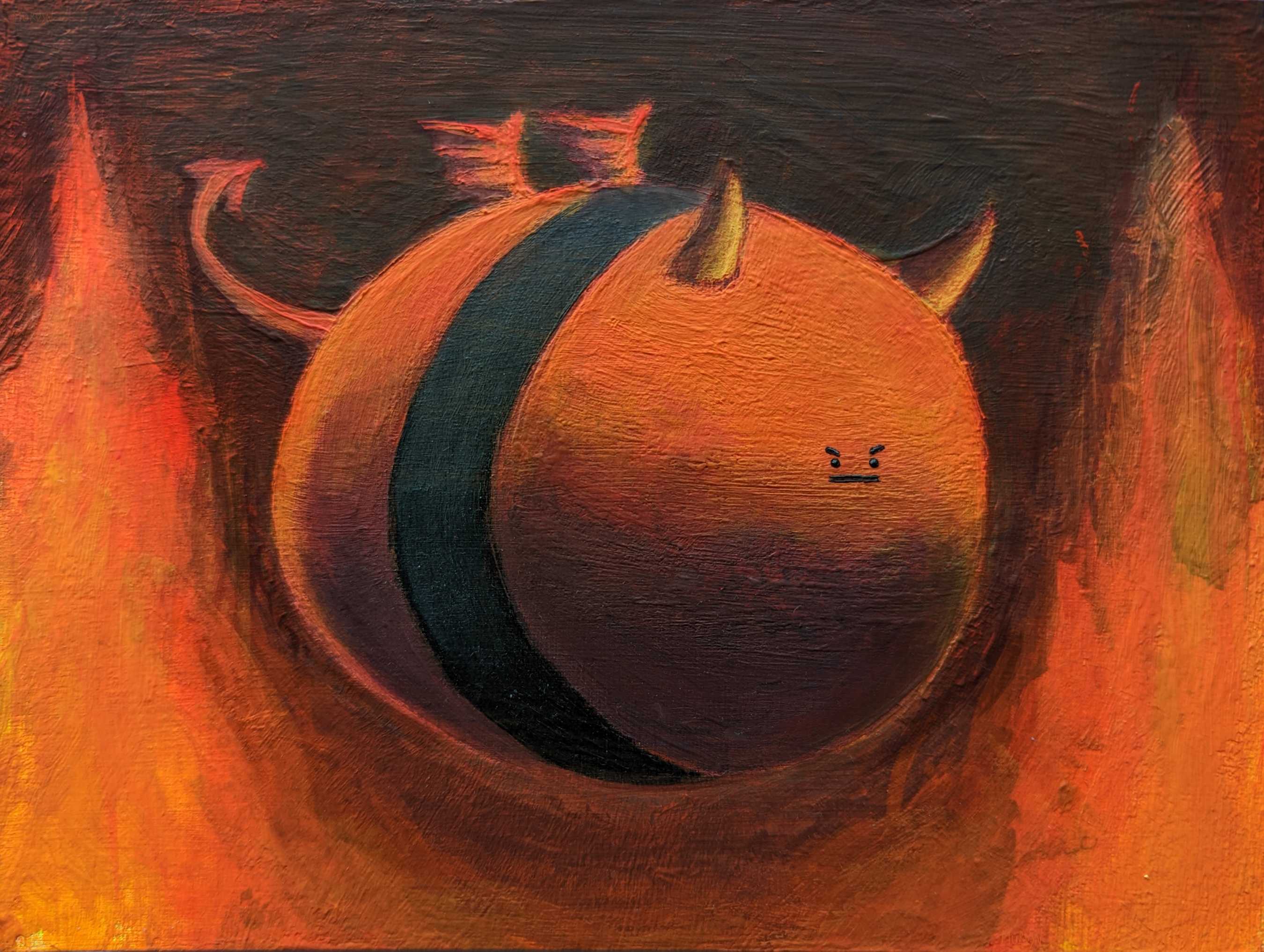 painting of a orange with horns and a black stripe on it