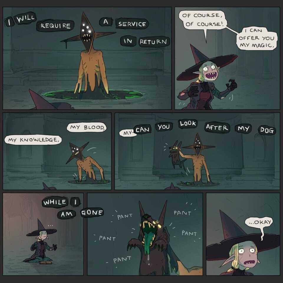 cartoon of a comic strip with a cat and a witch