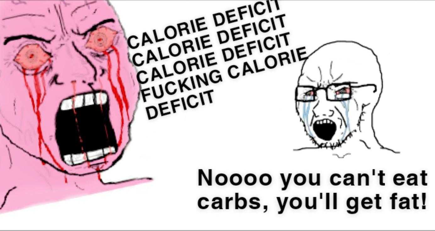 cartoon of a man with a pink face and a red face with a caption that reads calories deficit