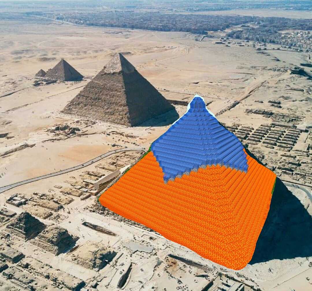 an aerial view of a pyramid with a blue and orange roof