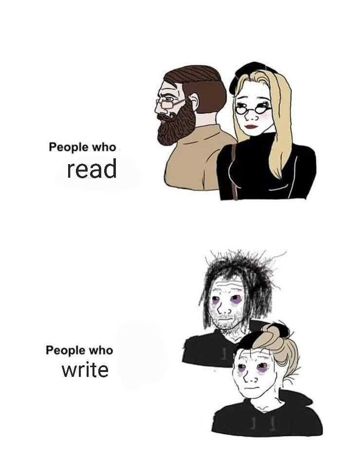 a cartoon drawing of people who read people who write