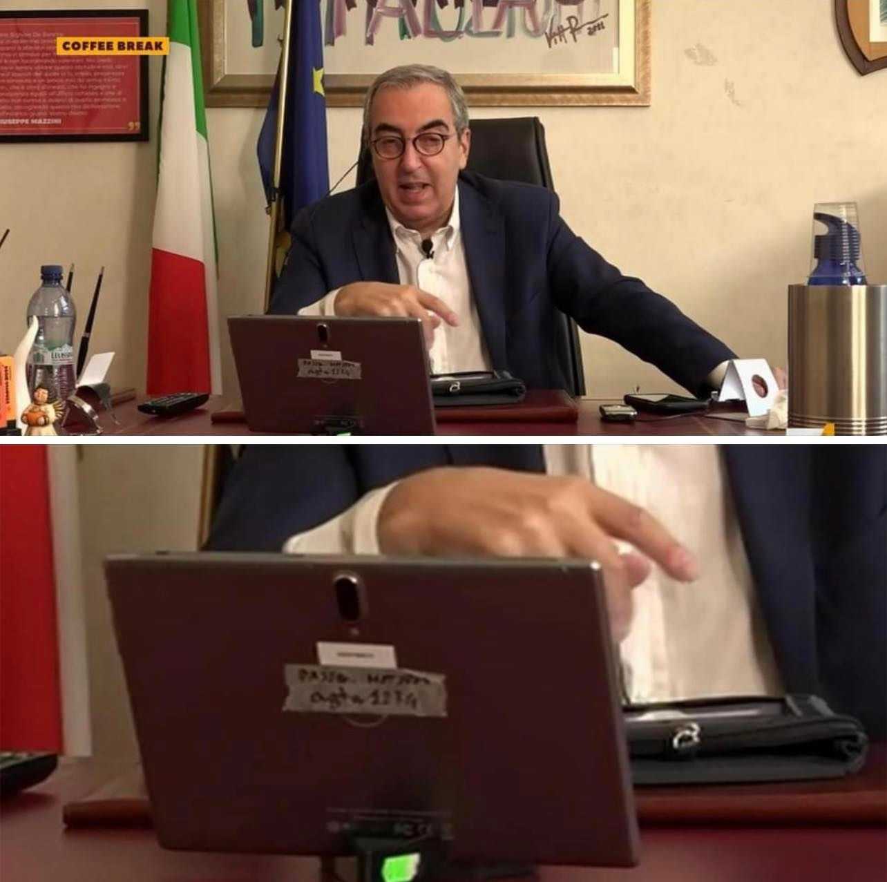 there are two pictures of a man sitting at a desk with a laptop