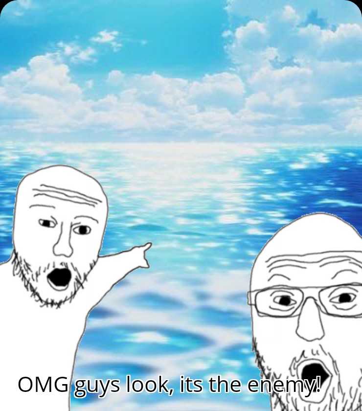 cartoon of two men with beards and glasses standing in front of the ocean