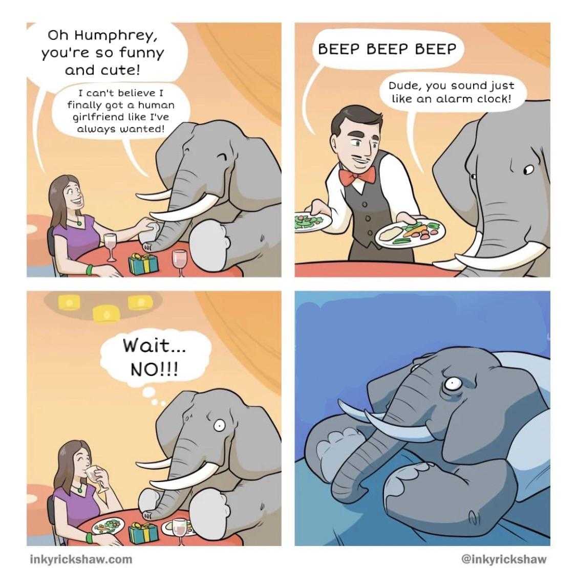 cartoon of a man and woman eating with an elephant