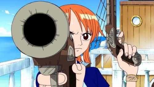 anime girl with red hair holding a gun on a ship