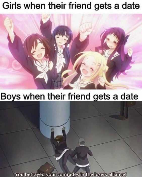 anime meme of a group of girls with their friends in a room