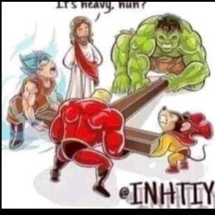 a cartoon picture of a group of people with a hulk and a man