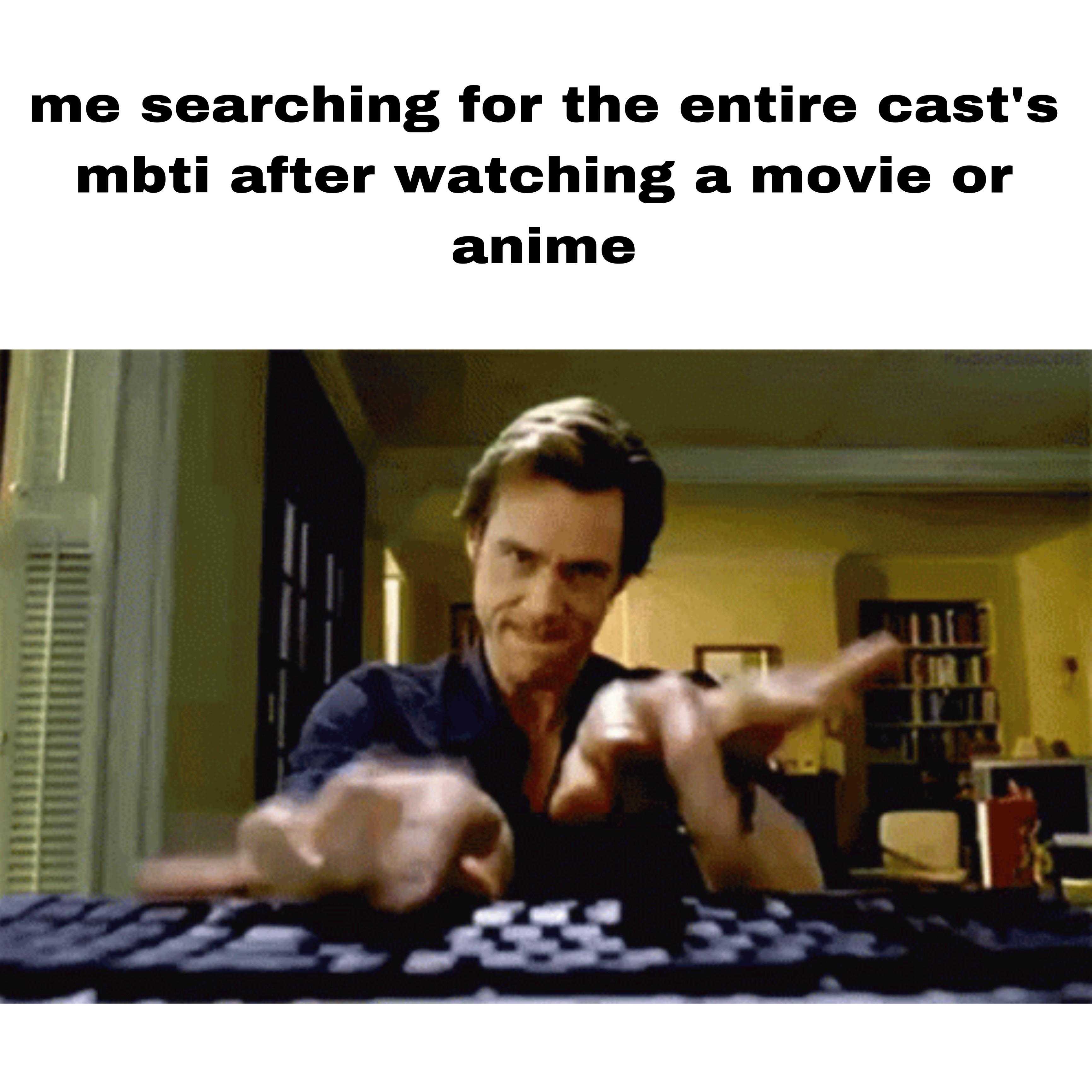 someone is searching for the entire cast ' s imitater watching an movie or anime