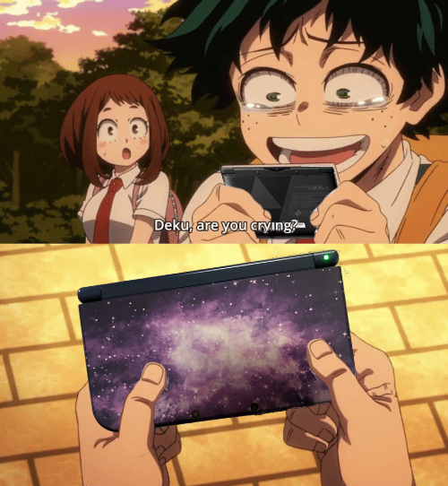 anime characters holding up a cell phone with a caption of a galaxy