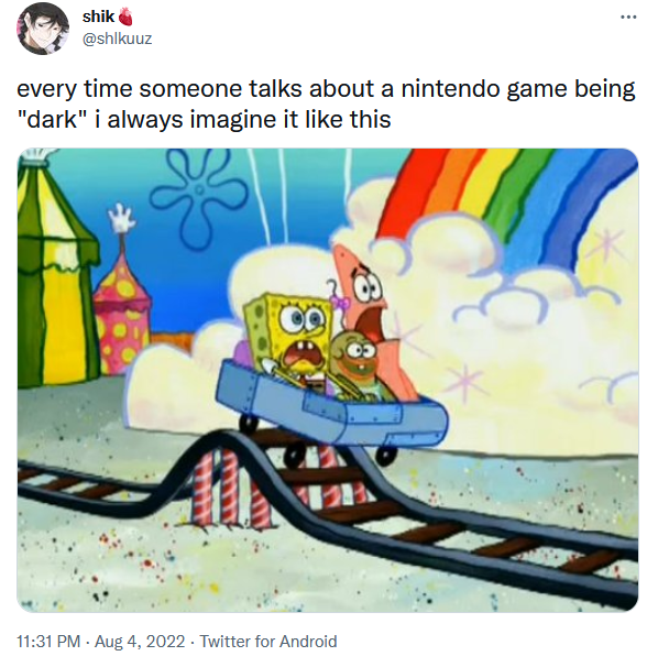 a cartoon spongebob riding a train on a track with a rainbow in the background