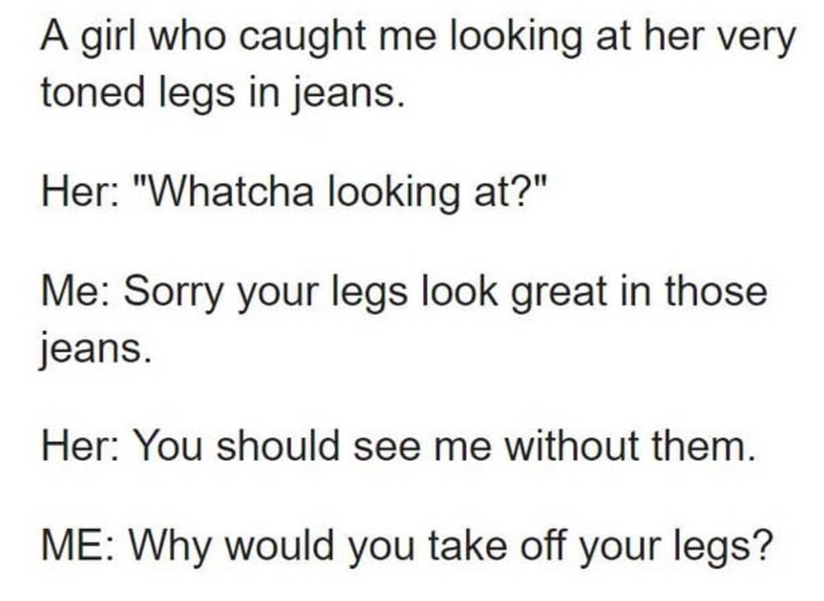 a text message from a woman who is saying she ' s not looking at her jeans