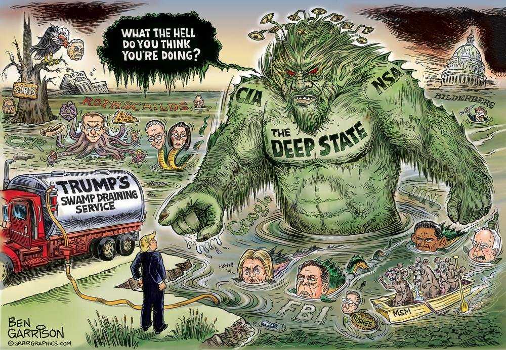 a cartoon of a man standing in a swamp with a sign that says trump ' s swamp stay