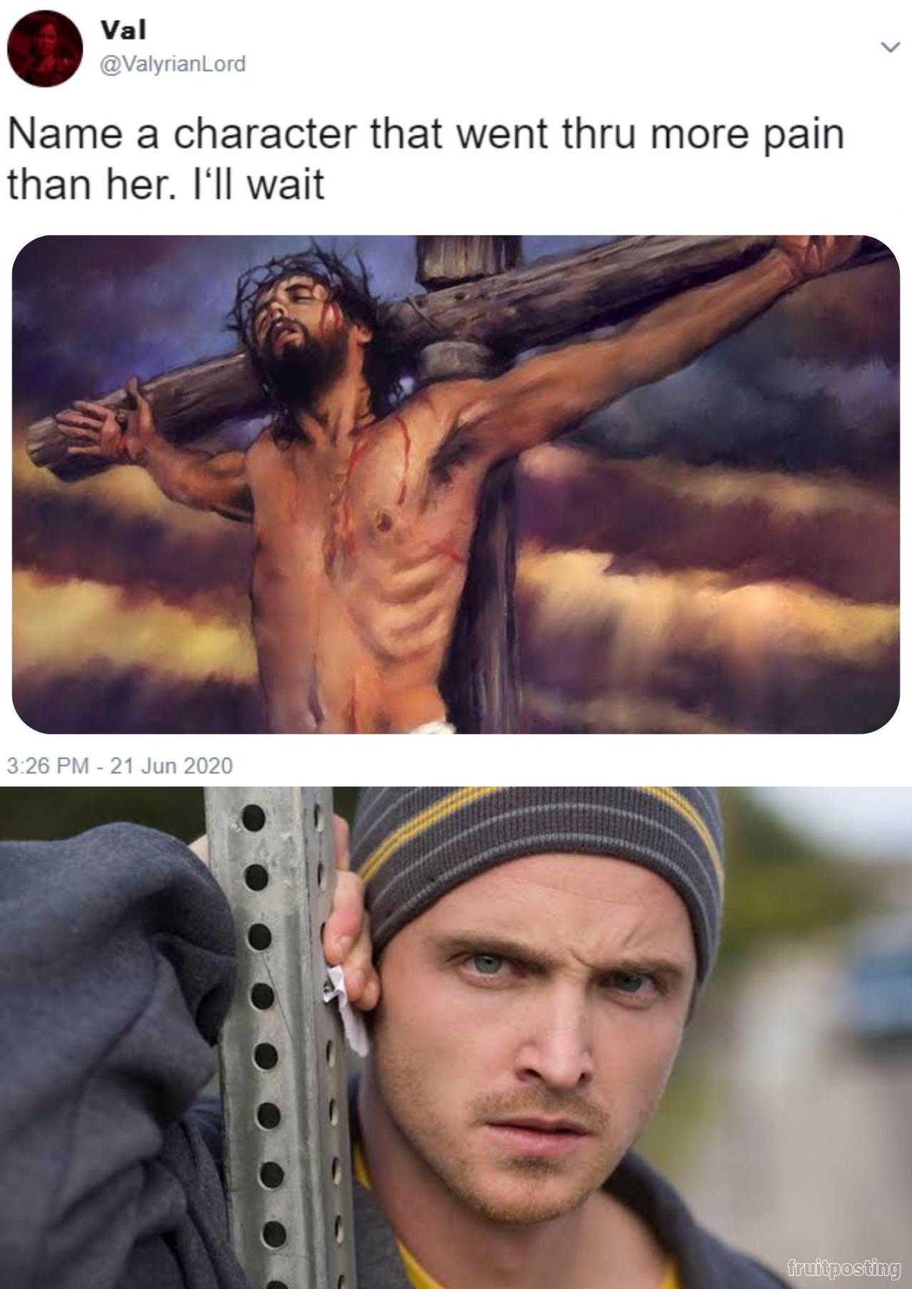 a man with a cross on his head and a picture of jesus on the cross